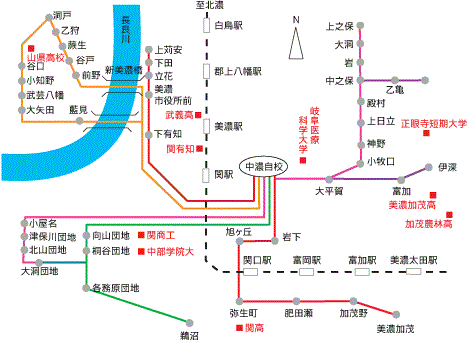 各学校と中濃自動車学校のマップ