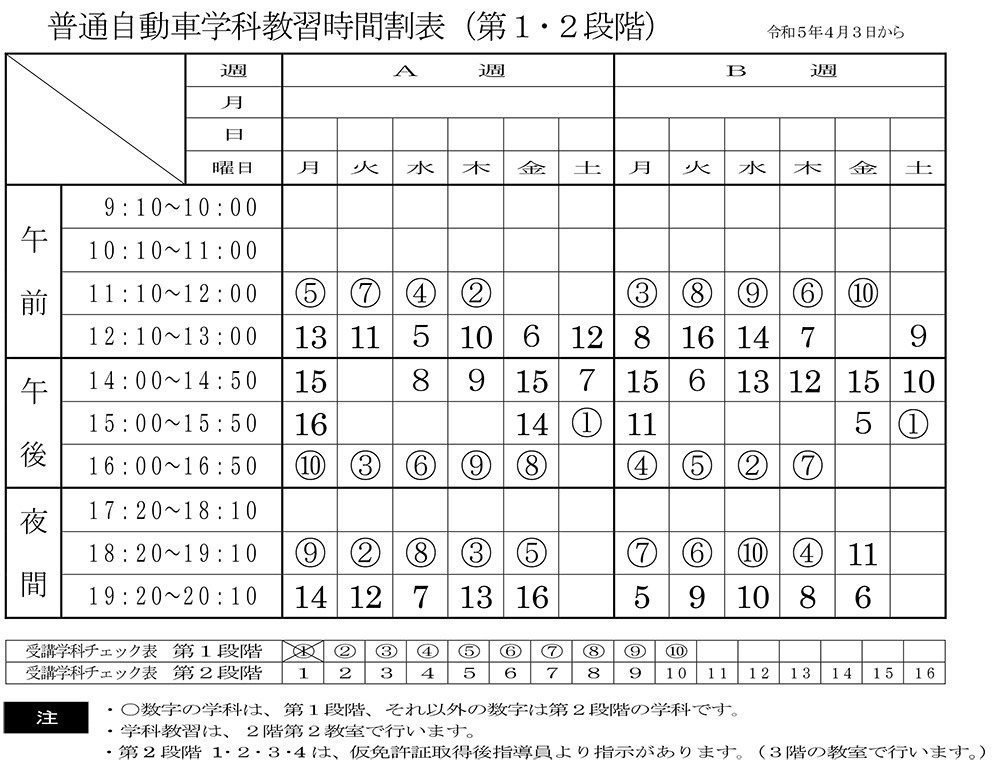 普通自動車学科教習時間割表